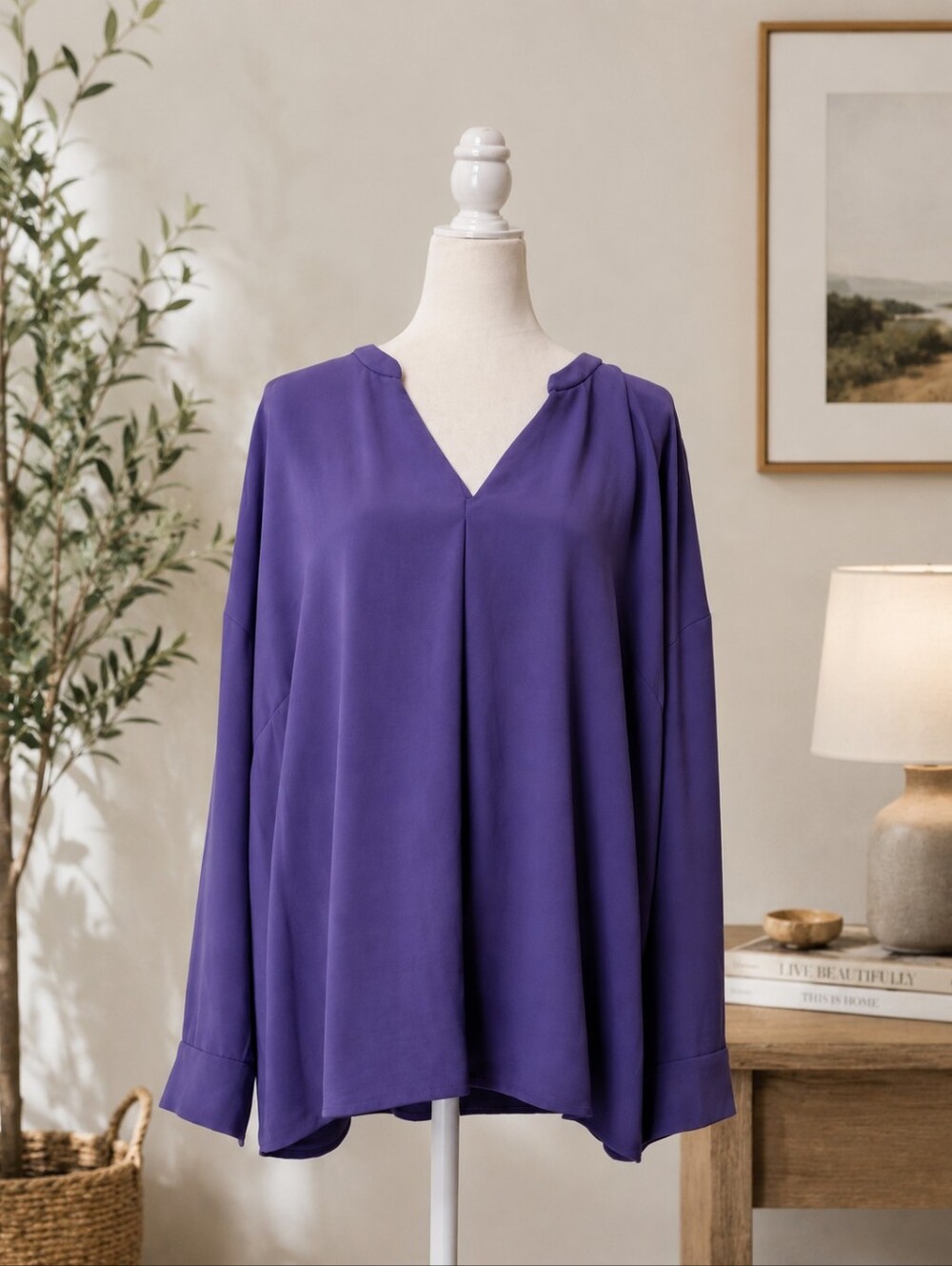 Alfani Women's 3X Purple V-Neck Long Sleeve Blouse Plus Size Flowy Tunic Top